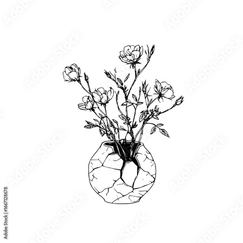 Elegant floral arrangement in cracked vase drawing black and white flower sketch botanical illustration art print design