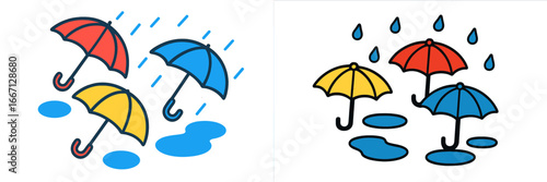 Colorful umbrellas shielding from rain and puddles