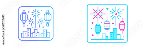 Cityscape with Fireworks and Lanterns, Minimalist flat design