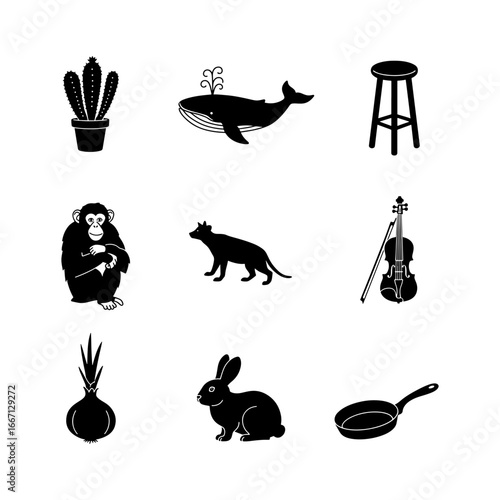 Illustration showing a cactus, whale, stool, monkey, dingo, violin, onion, rabbit, and frying pan