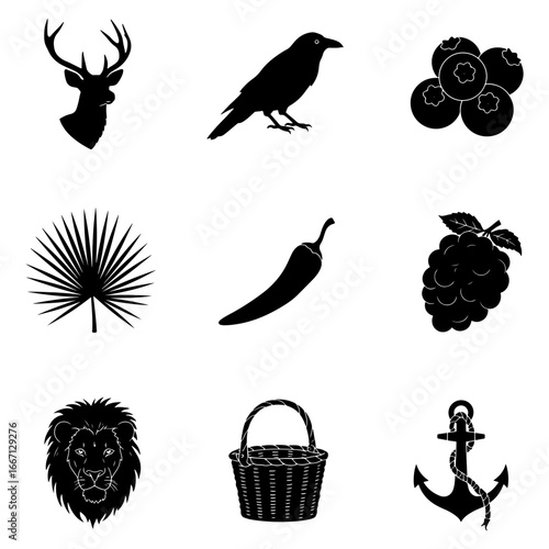Illustration of a deer head, crow, blueberries, palm leaf, pepper, blackberry, lion, basket and anchor