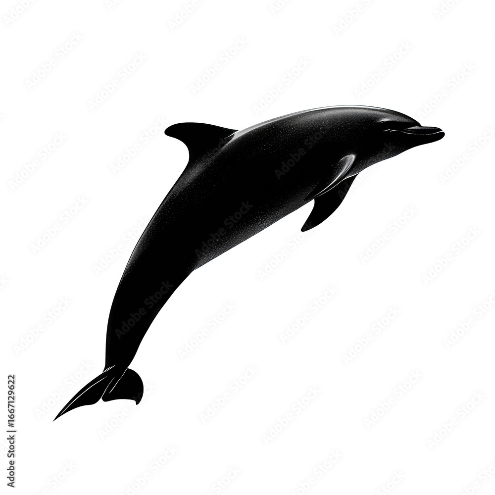Fototapeta premium Dolphin silhouette leaping in an arc, smooth contour and balanced proportions, side profile, centered, isolated on transparent background. 