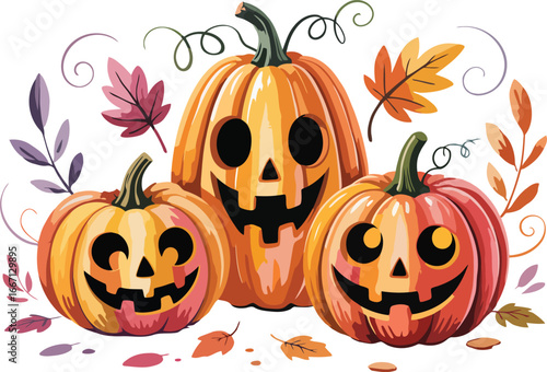 Grinning carved pumpkins with autumn leaves and swirls halloween
