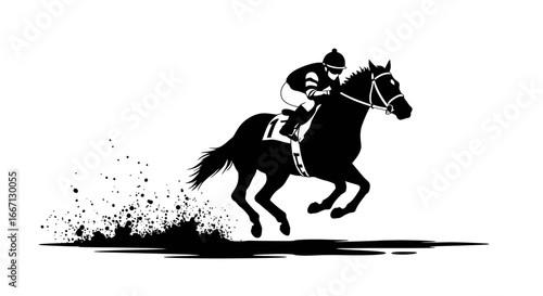 Horse Racing with Jockey Silhouette Illustration on White Background Black and White Silhouette