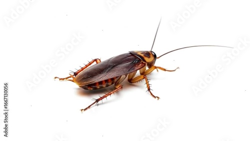 Close-up of a cockroach on a white background.