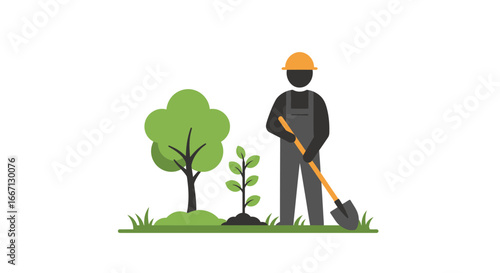 Gardener Planting a Tree Sapling with Shovel Illustration in Silhouette