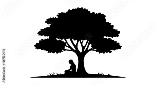 Meditating Woman Under a Tree Silhouette in Black and White Illustration