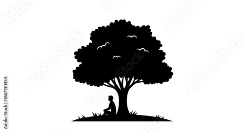 Man Sitting Under a Tree Silhouette with Birds Flying Above in Black and White