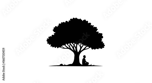 Meditating Person Under a Tree Silhouette in Black and White Minimalist Style