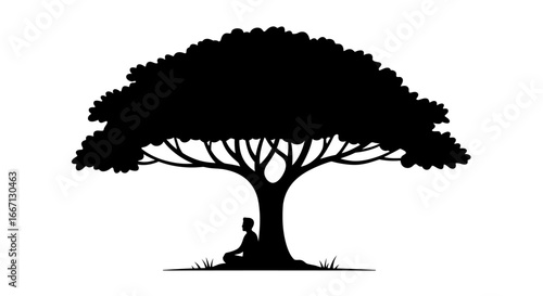 Meditating Man Under a Tree Silhouette for Peace and Serenity