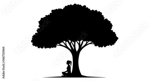 Meditating Woman Under a Large Tree Silhouette in Black and White for Relaxation and Nature Concepts silhouette