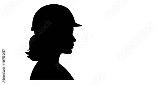 Female Construction Worker Profile Silhouette with Hard Hat on White Background silhouette