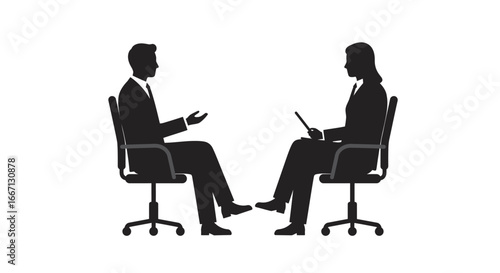 Business Meeting Silhouette of Man and Woman in Office Chairs silhouette man woman business suits sitting office chairs having conversation