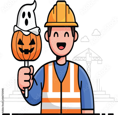 Vector, illustration, construction worker with a Halloween theme, pumpkin, candy, ghost, scary, happy