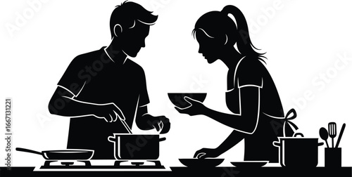 Silhouette of a couple cooking together in kitchen, preparing a meal with love and care