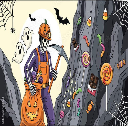 Vector, illustration, miner with a Halloween theme, ghost, spooky, horror