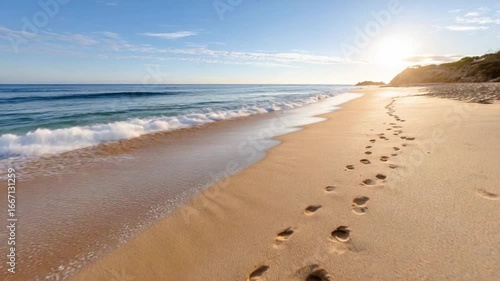 Footprints on the Sand: A serene beach scene unfolds with footprints imprinted in the sand, stretching towards the horizon where the sun casts a warm glow over the tranquil sea and the endless sky.