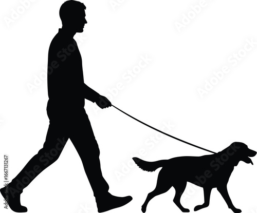 Silhouette of a man walking a dog a leash