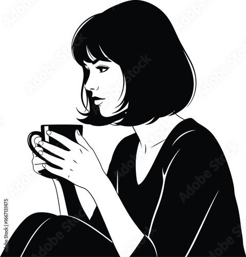 A young woman with a bob haircut is sitting and drinking coffee, she is looking thoughtful and relaxed in this black and portrait