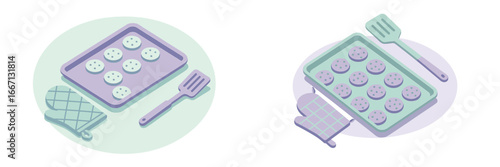 Baking cookies on tray with spatula and oven mitt