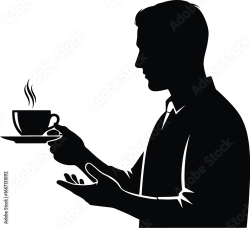 Silhouette of a man holding a cup of coffee, offering a hot beverage with steam in a cafe or restaurant, a waiter in service with a tray