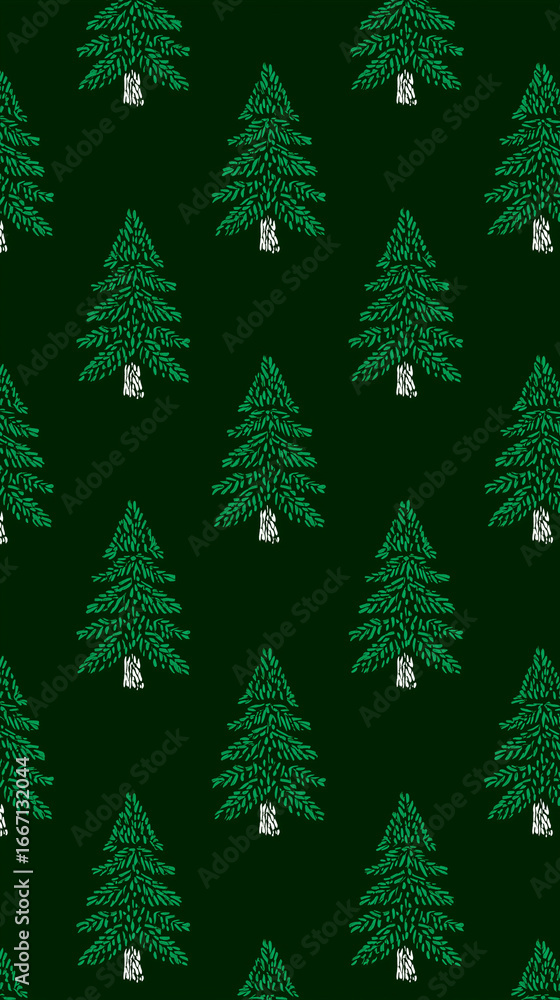Obraz premium Evergreen Forest Pattern: a visually appealing array of stylized evergreen trees against a deep green backdrop creating a striking repetitive design, suggesting tranquility.