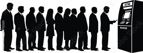 Silhouette of people queuing at an atm machine, , depicting a common scene of financial transactions and banking services in a modern economy