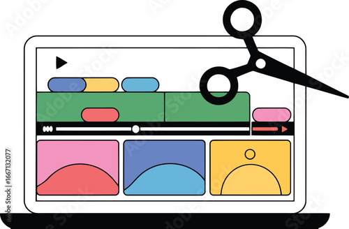 Laptop screen with video editing timeline and colorful thumbnails vector