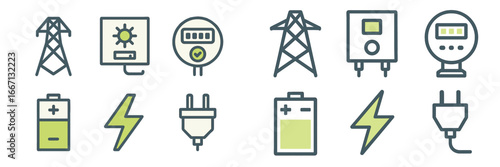 Energy Icons with Power Lines and Batteries, Minimalist flat design