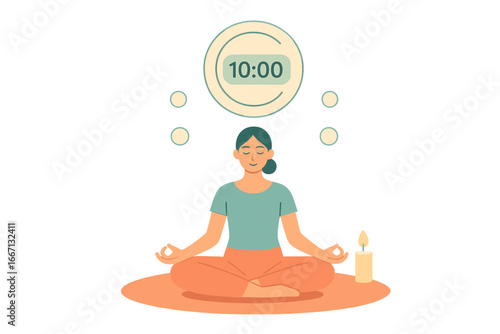 Woman Meditating with Timer and Candle, Minimalist flat design