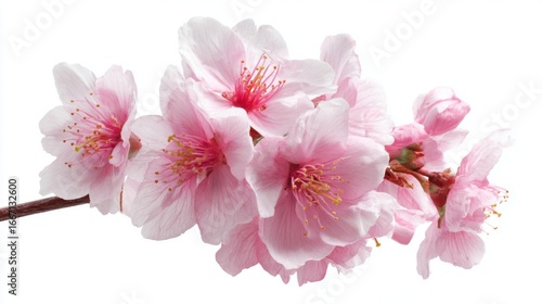 Delicate cherry blossoms display vibrant pink petals, revealing fine details in their structure. This close-up highlights the beauty of spring flowers, capturing their elegance.