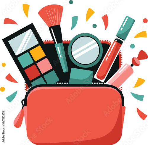 Makeup bag with cosmetics and colorful confetti brush mirror