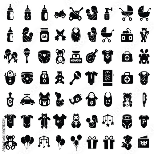 Baby Shower Icon Set Collection of Essential Items for Newborns and Infants Vector Illustration