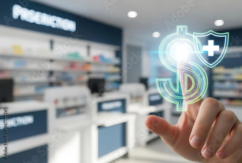Hand touching glowing dollar sign with shield in pharmacy, representing healthcare costs and insurance