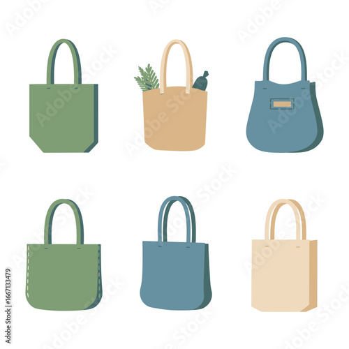 Collection of six different colored tote bags and handbags on white background