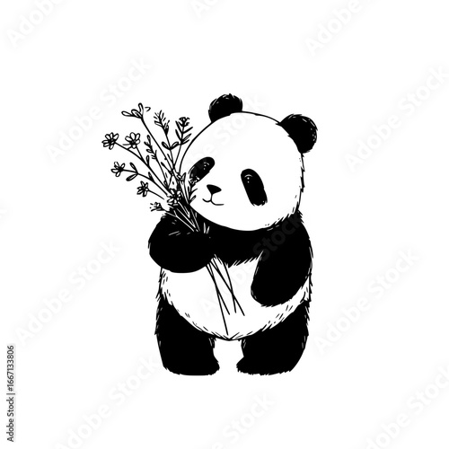 Cute panda bear holding flowers illustration for animal lovers and nature enthusiasts design vector art