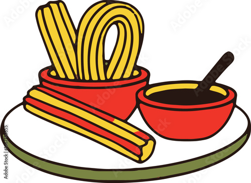 Illustration of churros served with chocolate dipping sauce in red bowls on a white plate.