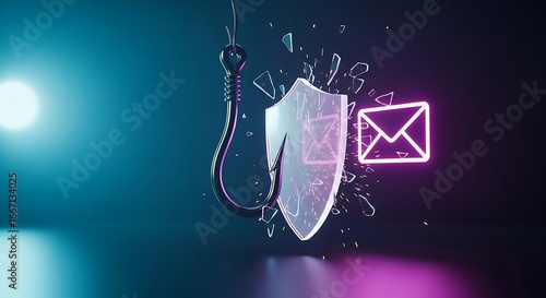 Cybersecurity Threat Illustration with Hook and Shield against Phishing Email Attack Representing Online Security and Data Protection Measures Against Deceptive Digital Communication