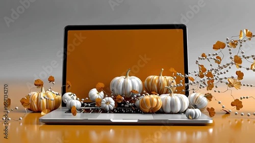 Laptop adorned with vibrant pumpkins and autumn leaves, showcasing a seamless flow of seasonal elements emerging from the screen, creating a festive Halloween atmosphere