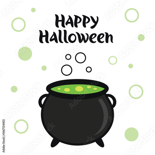A cartoon cauldron filled with bubbling green liquid says Happy Halloween with a transparent background