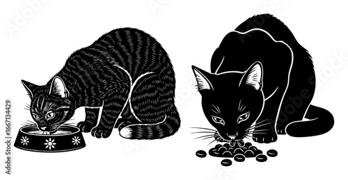 Cats eating vector, felines at food bowl, kibble silhouette illustration
