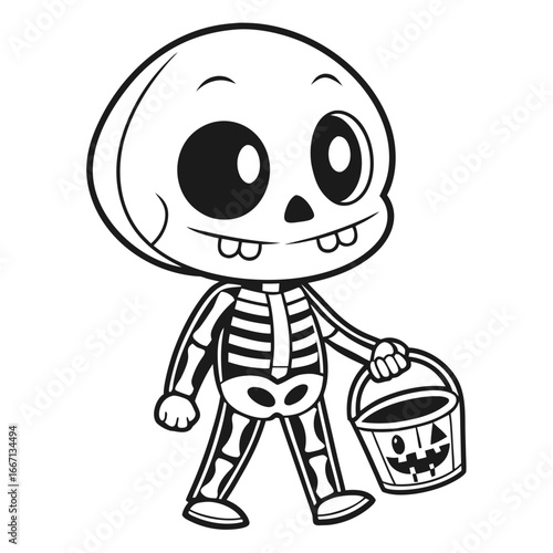 Skeleton kid carrying jackolantern bucket walks for trick or treat in line art