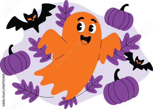 Orange ghost with purple pumpkins and black bats halloween