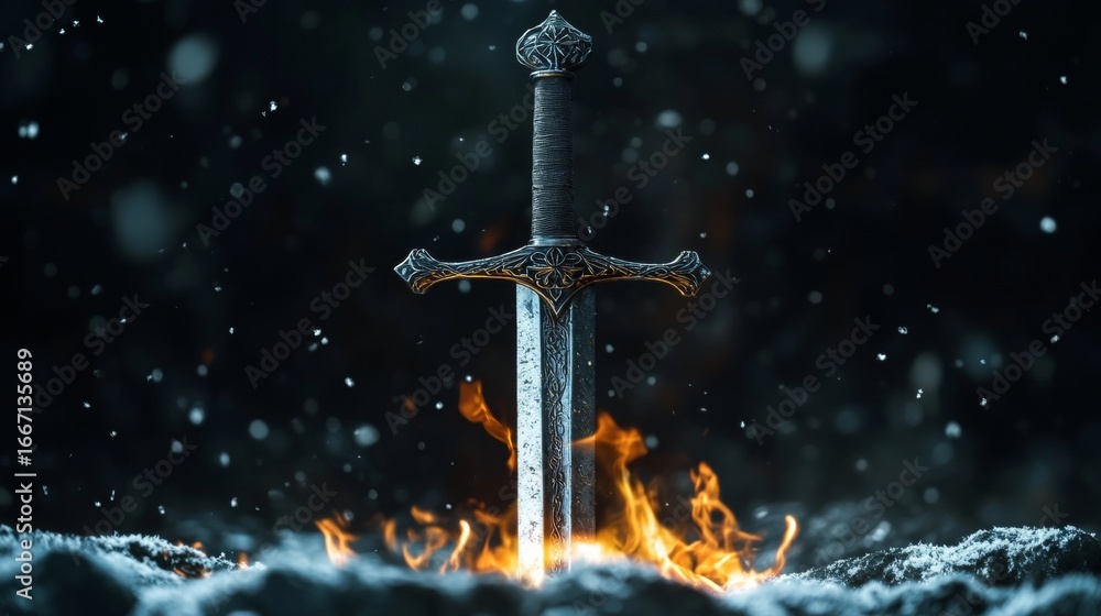 Fototapeta premium Mysterious silver sword surrounded by flames against a gothic snowy black background