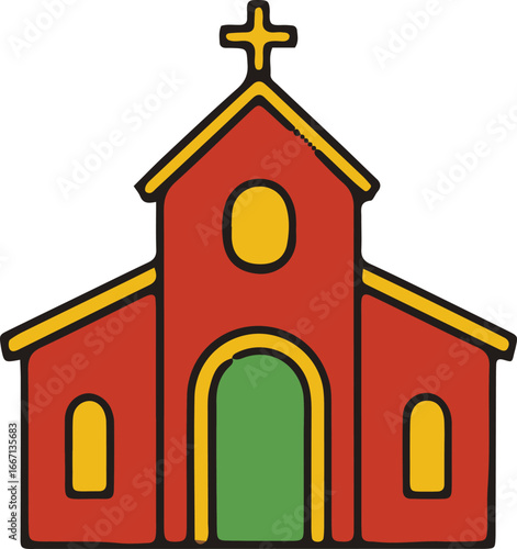 A simple cartoon illustration of a red church with a cross on top, outlined in yellow with a green door.