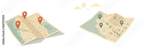 City Map with Location Pins and Navigation Icons