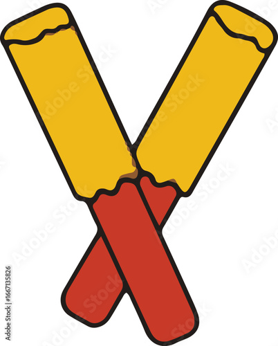 Two crossed, chocolate-covered biscuit sticks, yellow coating, red center.