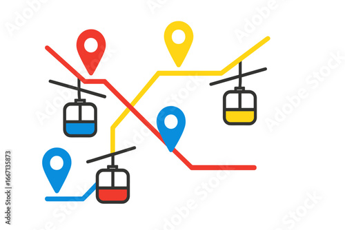 Cable Car Routes and Neon Pins, Minimalist flat design