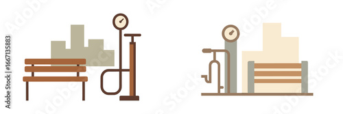 Park bench with bicycle pump and city buildings