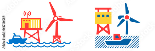 Offshore Wind Turbine and Platform, Minimalist flat design